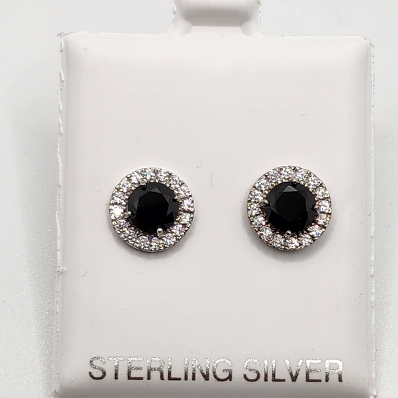 Black Onyx and Lab created Halo CZ Diamond Stud Earrings For Women - Picture 1 of 3